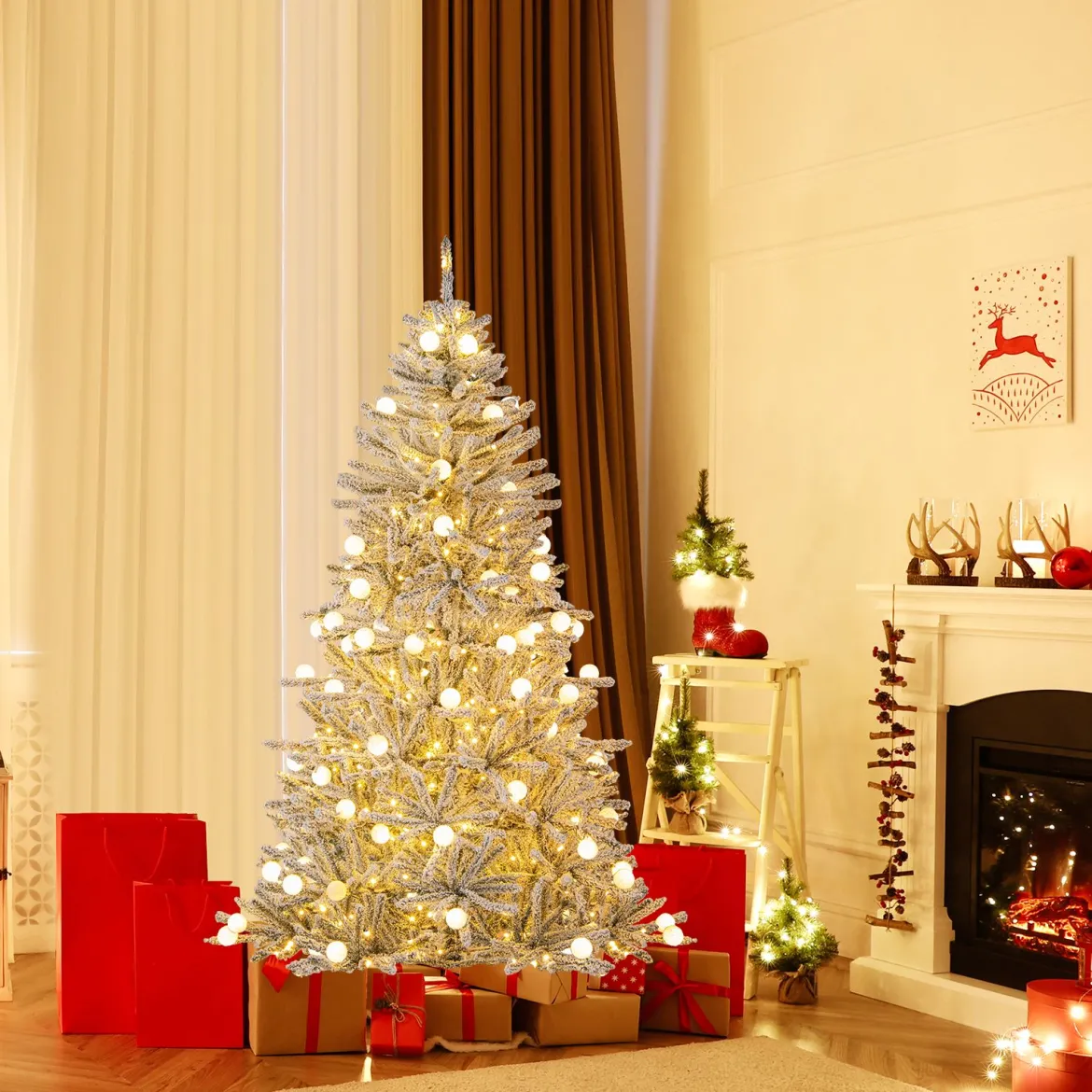 180 cm Schnee-beflockter Künstlicher Weihnachtsbaum mit 51 Kugellampen 250 Warmweißen LED-Lichtern 637 Zweigspitzen