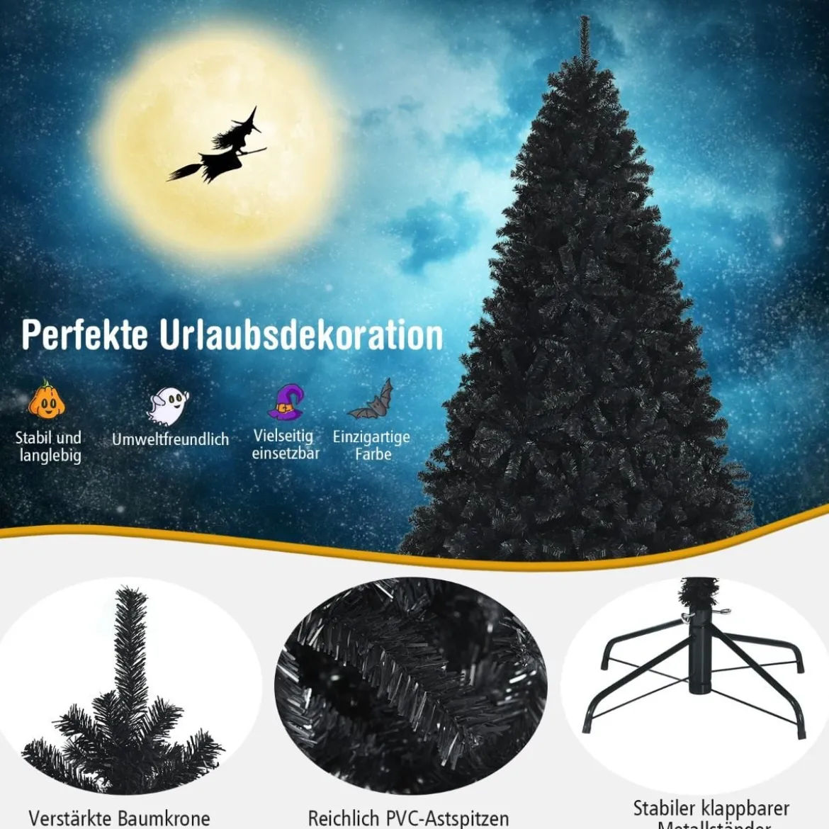 225 cm schwarzer künstlicher Weihnachtsbaum mit 1749 PVC Zweigen und Metallständer Tannenbaum