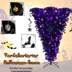 180 cm schwarzer künstlicher Weihnachtsbaum beleuchteter Halloweenbaum mit 270 lila LED-Lichtern