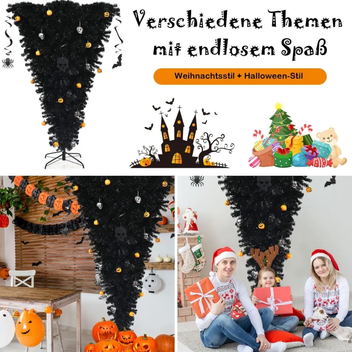 180 cm schwarzer künstlicher Weihnachtsbaum beleuchteter Halloweenbaum mit 270 lila LED-Lichtern