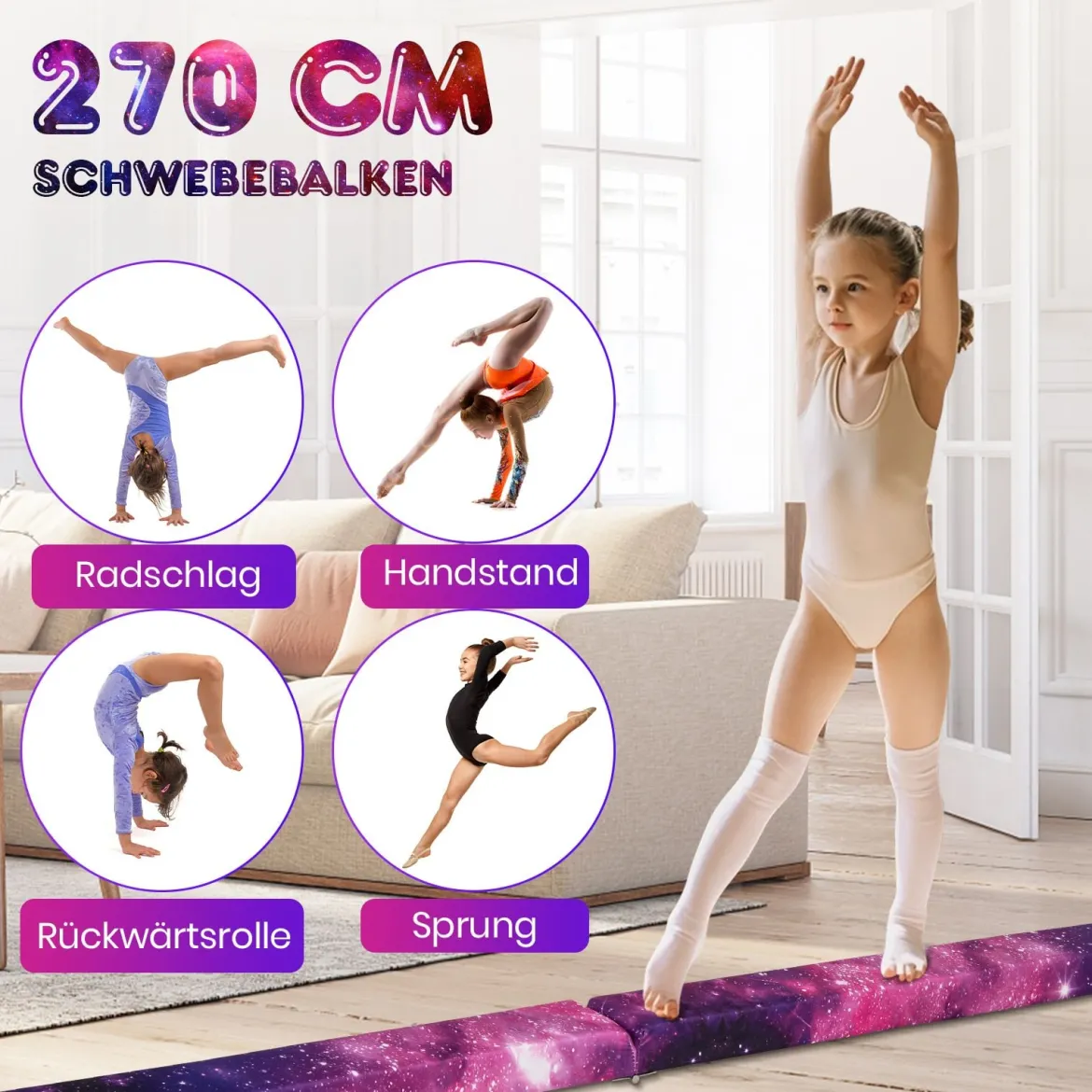 270 cm Schwebebalken Kinder Balancierbalken klappbar Gymnastikbalken mit Tragegriff