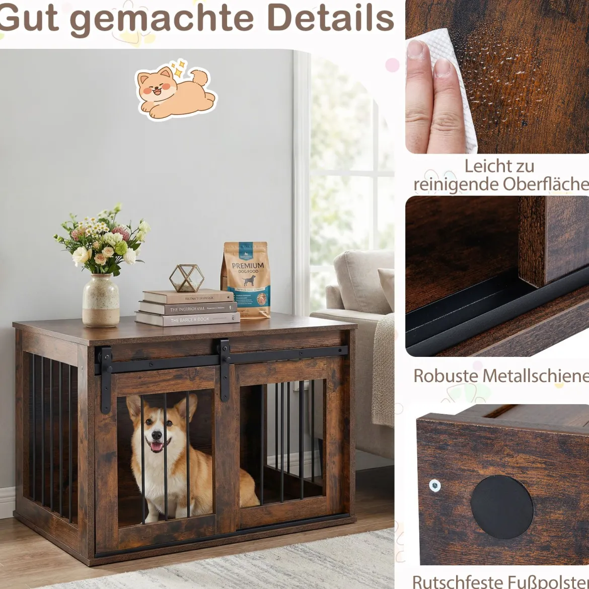 80 cm Schwere Hundebox mit Schiebetür im Scheunenstil Hundekäfig Möbel Seitentisch Braun