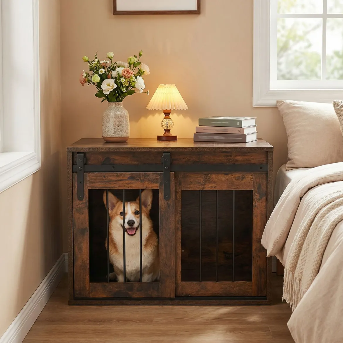 80 cm Schwere Hundebox mit Schiebetür im Scheunenstil Hundekäfig Möbel Seitentisch Braun