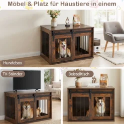 80 cm Schwere Hundebox mit Schiebetür im Scheunenstil Hundekäfig Möbel Seitentisch Braun