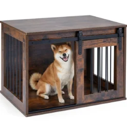 80 cm Schwere Hundebox mit Schiebetür im Scheunenstil Hundekäfig Möbel Seitentisch Braun