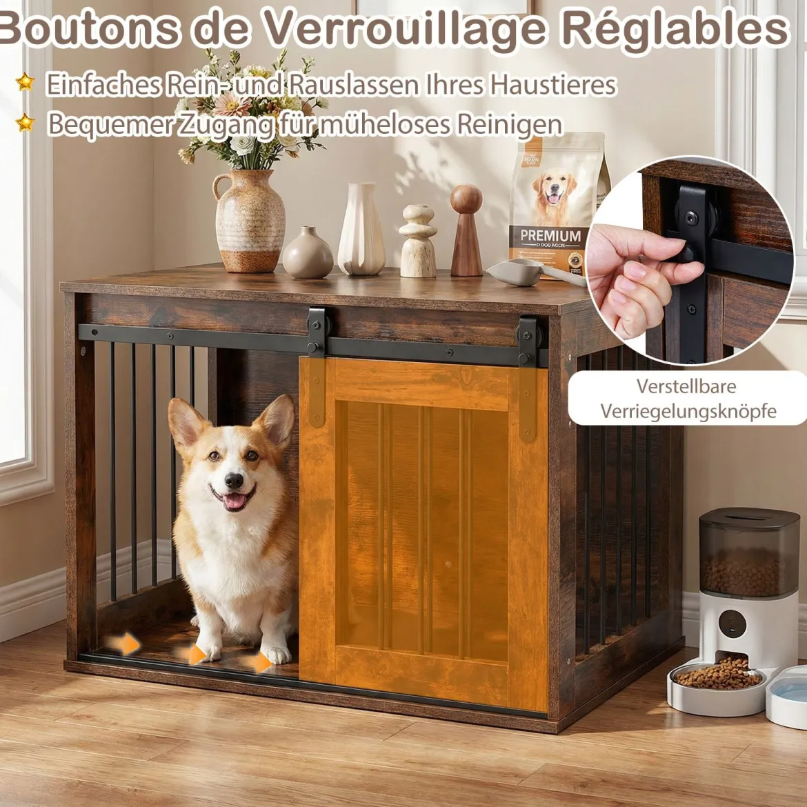 80 cm Schwere Hundebox mit Schiebetür im Scheunenstil Hundekäfig Möbel Seitentisch Braun