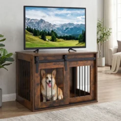 80 cm Schwere Hundebox mit Schiebetür im Scheunenstil Hundekäfig Möbel Seitentisch Braun