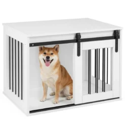 80 cm Schwere Hundebox mit Schiebetür im Scheunenstil Hundekäfig Möbel Seitentisch Weiß