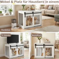 80 cm Schwere Hundebox mit Schiebetür im Scheunenstil Hundekäfig Möbel Seitentisch Weiß