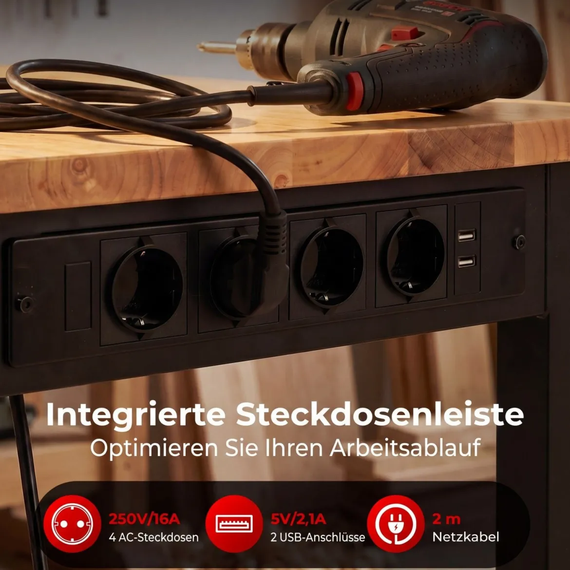 122 cm Schwerlast Werkbank Höhenverstellbarer Arbeitstisch mit Metallrahmen Lochwand & Steckdose