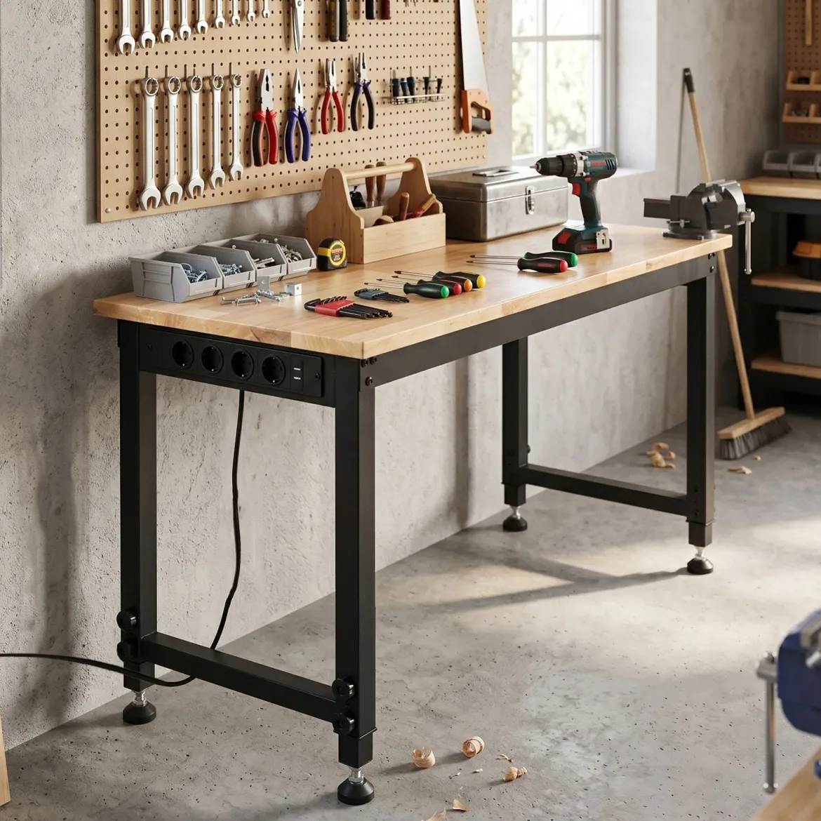 122 cm Schwerlast Werkbank Höhenverstellbarer Arbeitstisch mit Metallrahmen Lochwand & Steckdose