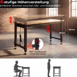 122 cm Schwerlast Werkbank Höhenverstellbarer Arbeitstisch mit Metallrahmen Lochwand & Steckdose