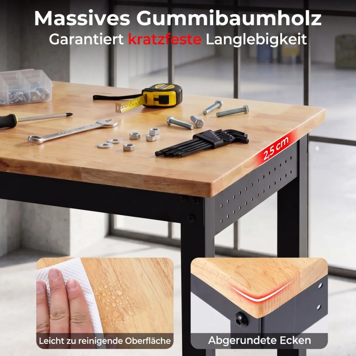 122 cm Schwerlast Werkbank Höhenverstellbarer Arbeitstisch mit Metallrahmen Lochwand & Steckdose