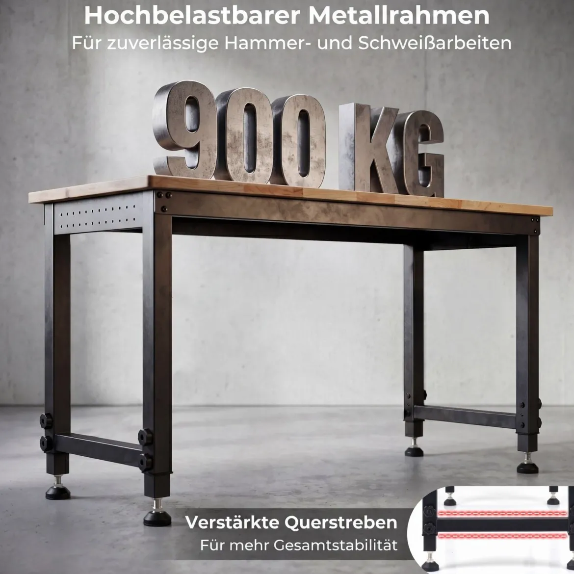 122 cm Schwerlast Werkbank Höhenverstellbarer Arbeitstisch mit Metallrahmen Lochwand & Steckdose