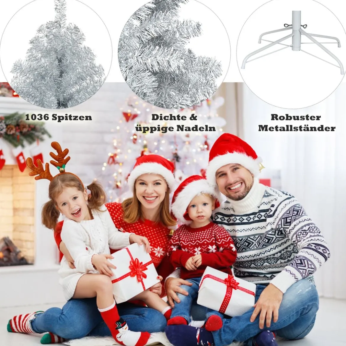 180 cm Silber Künstlicher Klappbarer Weihnachtsbaum mit Silberglitter & Metallständer