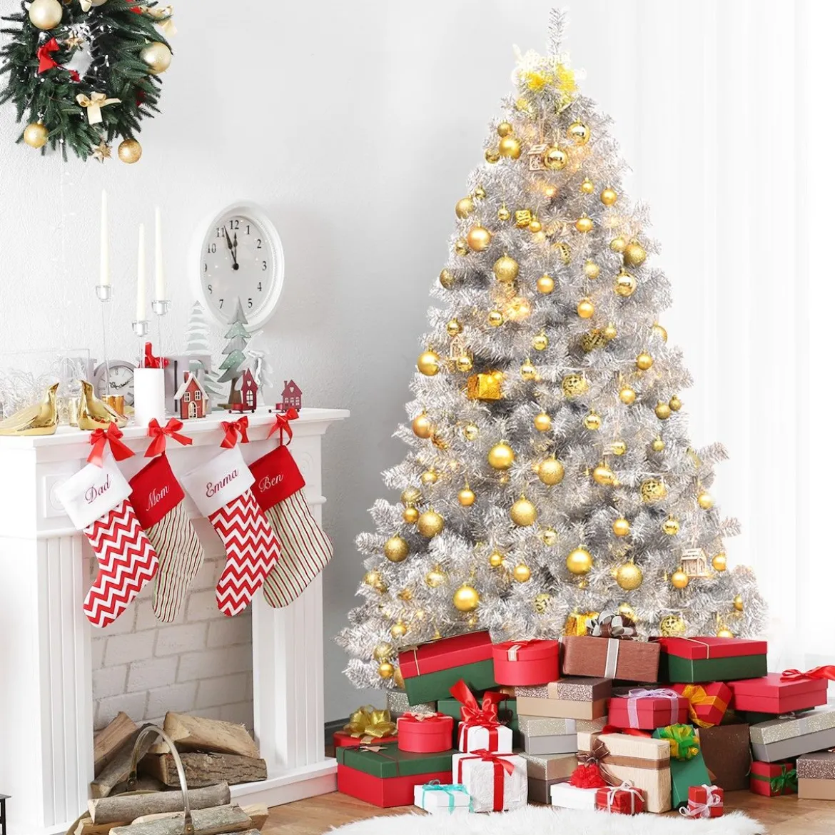 180 cm Silber Künstlicher Klappbarer Weihnachtsbaum mit Silberglitter & Metallständer