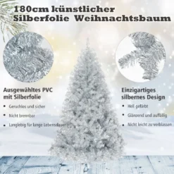 180 cm Silber Künstlicher Klappbarer Weihnachtsbaum mit Silberglitter & Metallständer