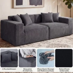 204 cm 2 sitzer Sofa Boneless Couch mit tiefem Sitz & Rückenlehne bequemen Armlehnen Grau