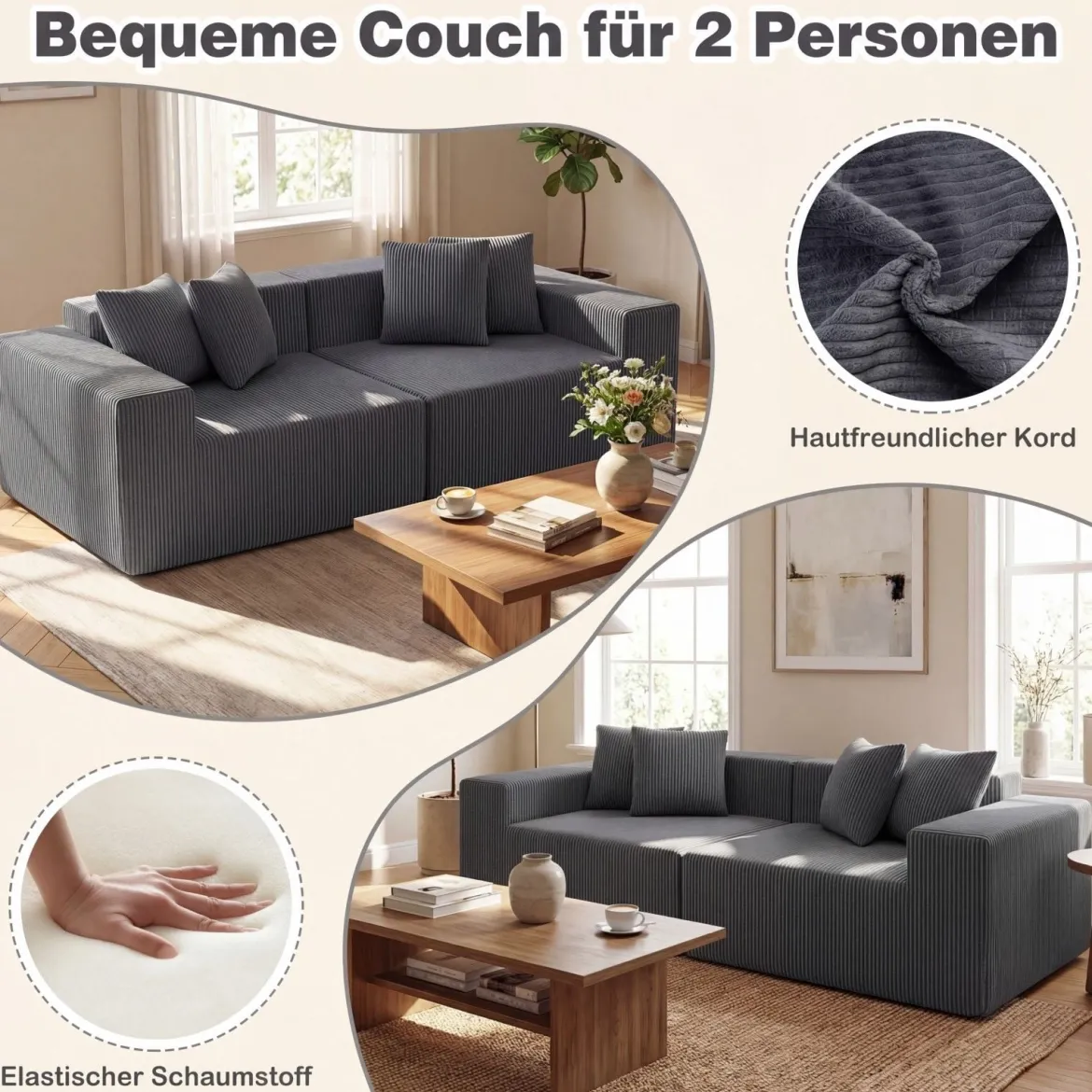 204 cm 2 sitzer Sofa Boneless Couch mit tiefem Sitz & Rückenlehne bequemen Armlehnen Grau