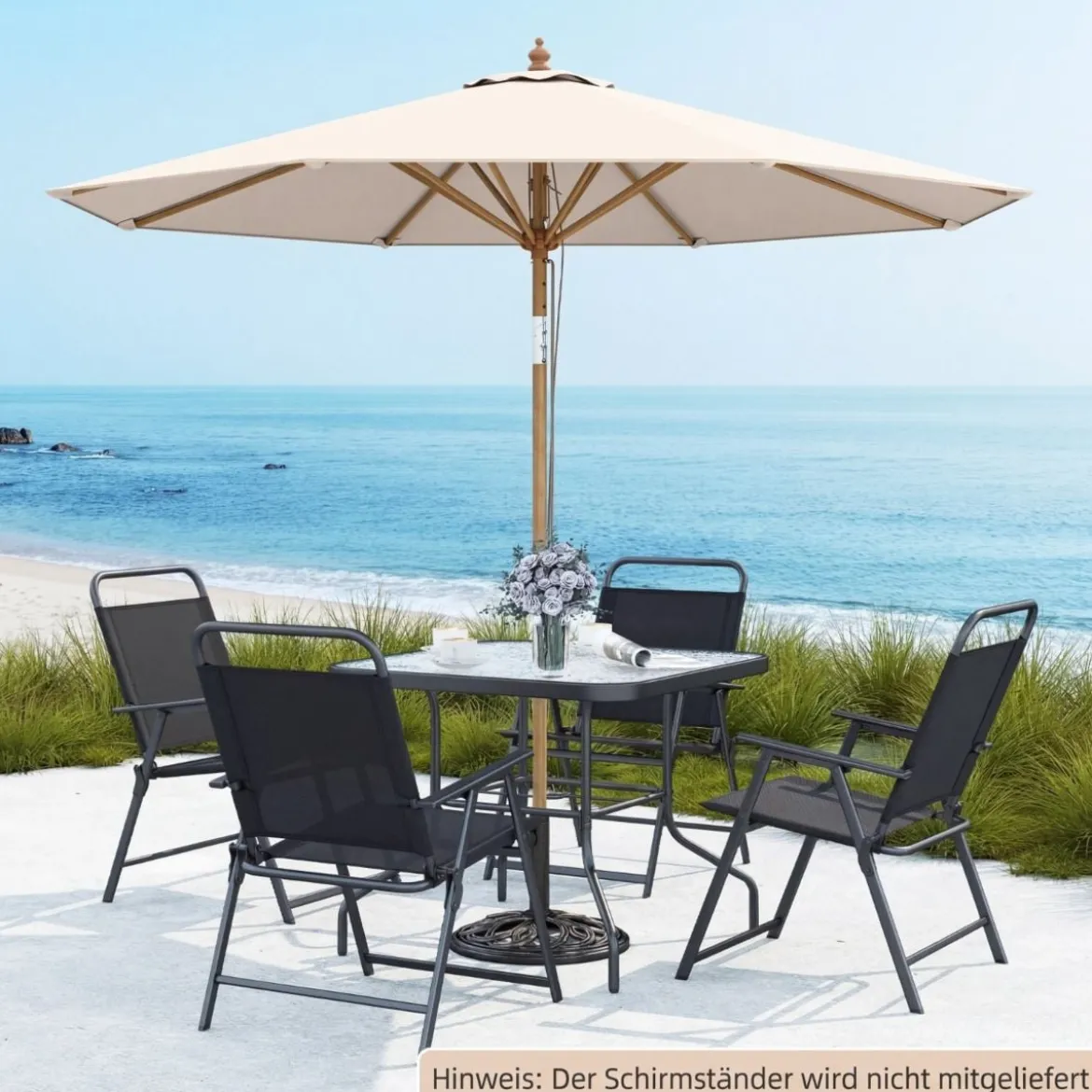 270 cm Sonnenschirm Beidseitig um 30° Knickbar Holz Gartenschirm Beige/Khaki Tan/Blau + Weiß Gestreift