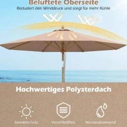 270 cm Sonnenschirm Beidseitig um 30° Knickbar Holz Gartenschirm Beige/Khaki Tan/Blau + Weiß Gestreift