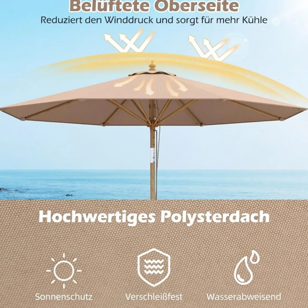 270 cm Sonnenschirm Beidseitig um 30° Knickbar Holz Gartenschirm Beige/Khaki Tan/Blau + Weiß Gestreift