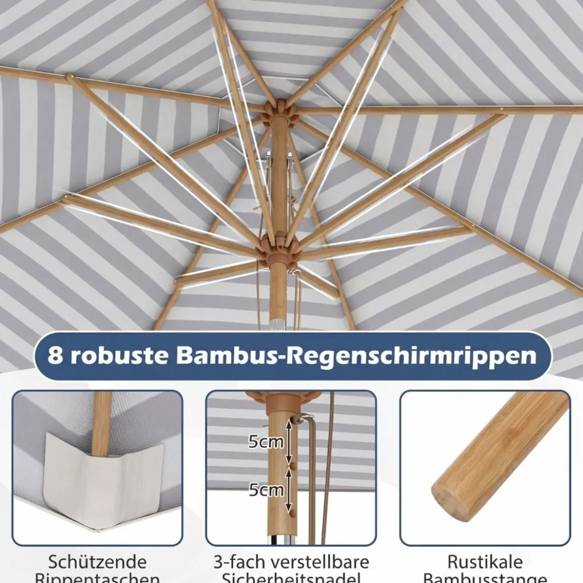 270 cm Sonnenschirm Beidseitig um 30° Knickbar Holz Gartenschirm Beige/Khaki Tan/Blau + Weiß Gestreift