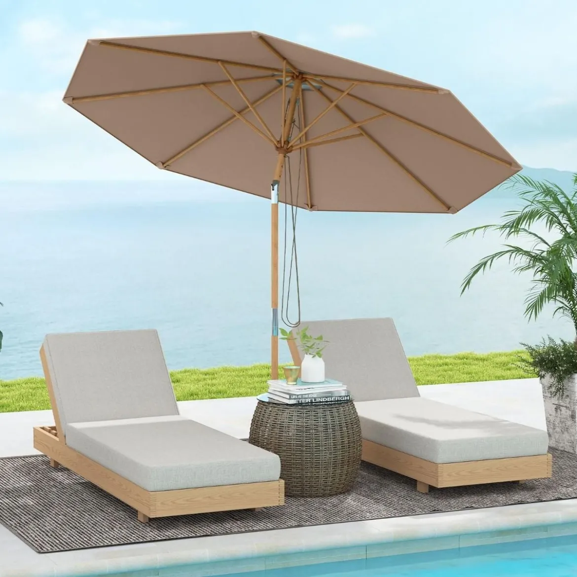 270 cm Sonnenschirm Beidseitig um 30° Knickbar Holz Gartenschirm Beige/Khaki Tan/Blau + Weiß Gestreift
