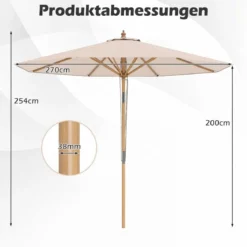 270 cm Sonnenschirm Beidseitig um 30° Knickbar Holz Gartenschirm Beige/Khaki Tan/Blau + Weiß Gestreift