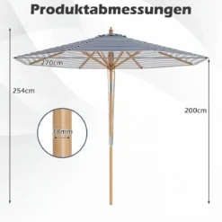 270 cm Sonnenschirm Beidseitig um 30° Knickbar Holz Gartenschirm Beige/Khaki Tan/Blau + Weiß Gestreift