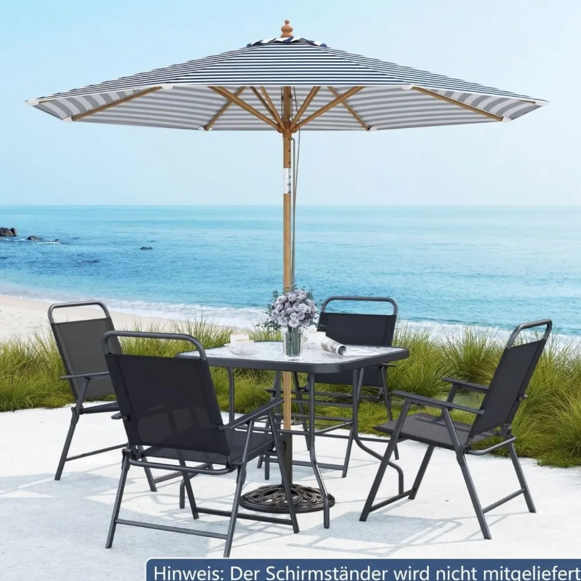 270 cm Sonnenschirm Beidseitig um 30° Knickbar Holz Gartenschirm Beige/Khaki Tan/Blau + Weiß Gestreift
