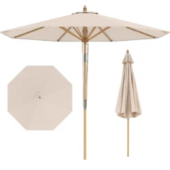 270 cm Sonnenschirm Beidseitig um 30° Knickbar Holz Gartenschirm Beige/Khaki Tan/Blau + Weiß Gestreift