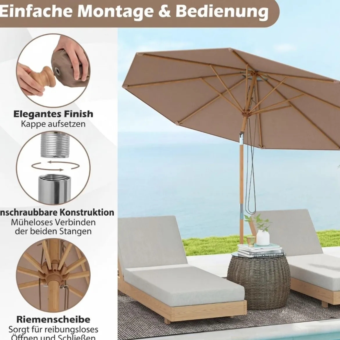 270 cm Sonnenschirm Beidseitig um 30° Knickbar Holz Gartenschirm Beige/Khaki Tan/Blau + Weiß Gestreift