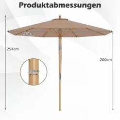 270 cm Sonnenschirm Beidseitig um 30° Knickbar Holz Gartenschirm Beige/Khaki Tan/Blau + Weiß Gestreift