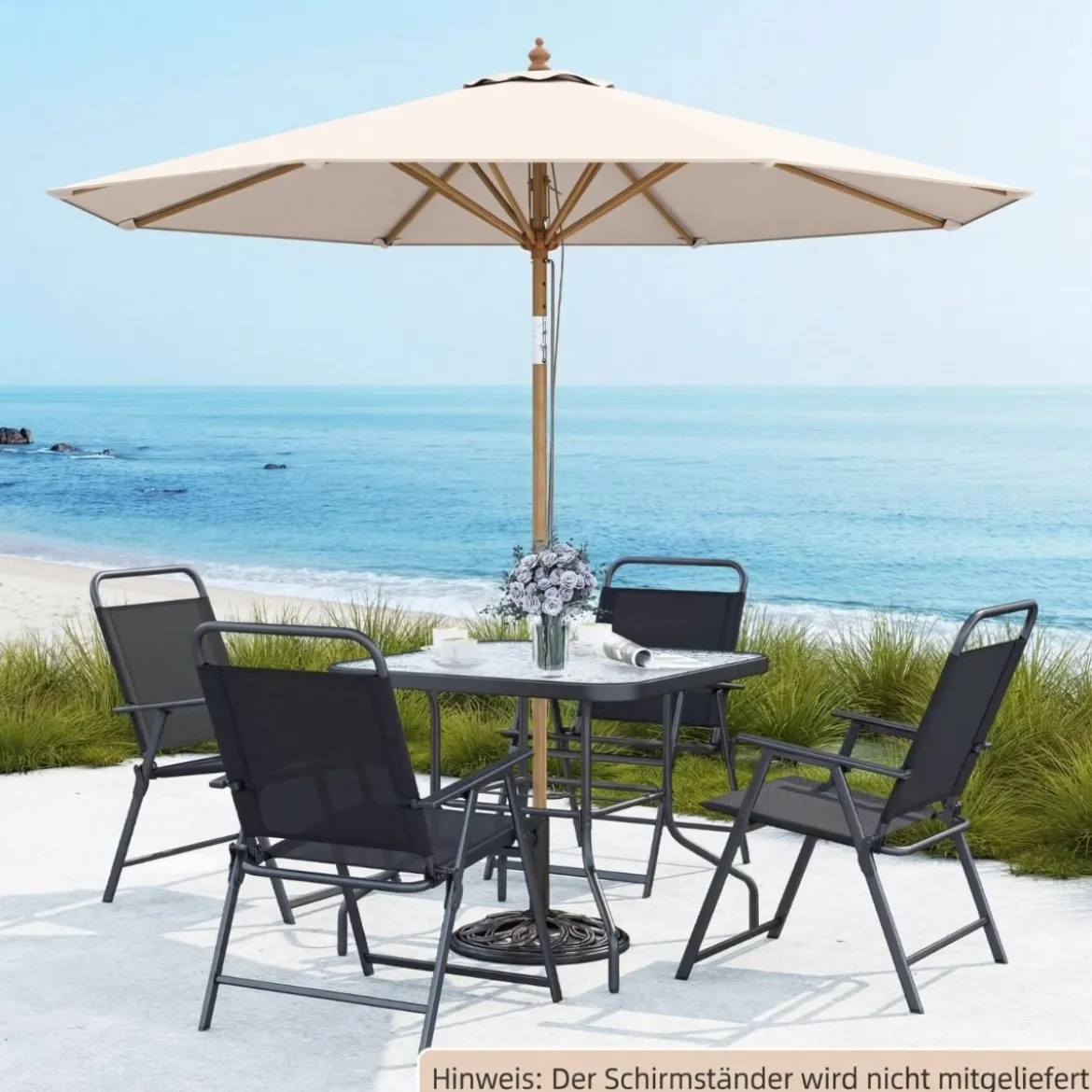 270 cm Sonnenschirm Beidseitig um 30° Knickbar Holz Gartenschirm Beige/Khaki Tan/Blau + Weiß Gestreift