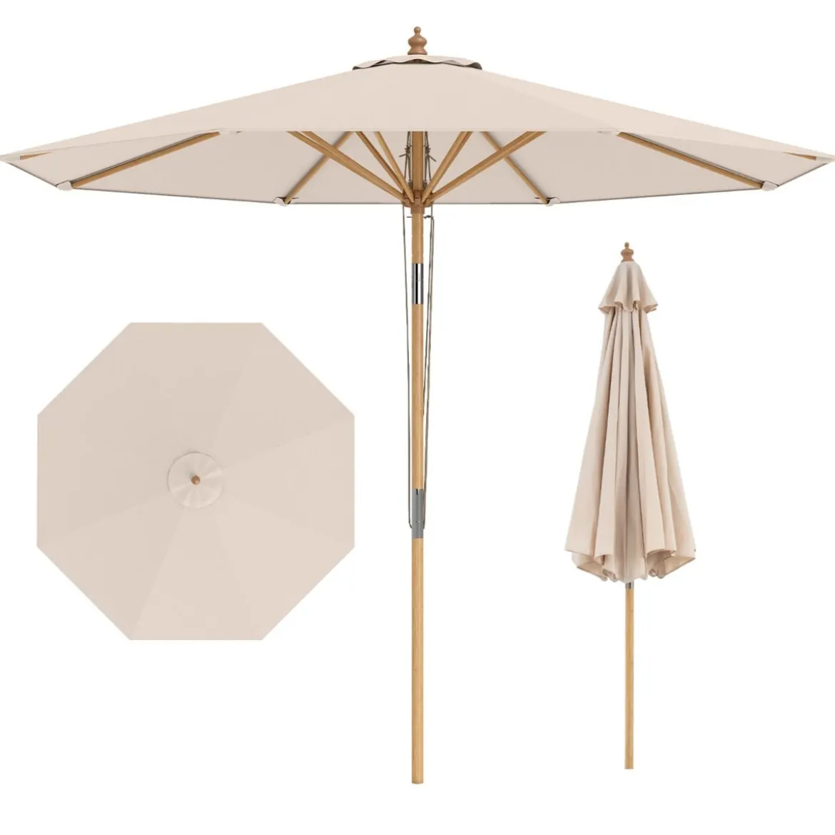 270 cm Sonnenschirm Beidseitig um 30° Knickbar Holz Gartenschirm Beige/Khaki Tan/Blau + Weiß Gestreift