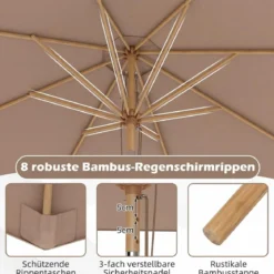 270 cm Sonnenschirm Beidseitig um 30° Knickbar Holz Gartenschirm Beige/Khaki Tan/Blau + Weiß Gestreift