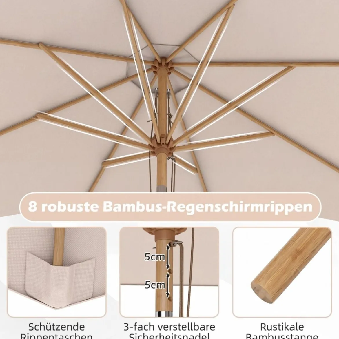 270 cm Sonnenschirm Beidseitig um 30° Knickbar Holz Gartenschirm Beige/Khaki Tan/Blau + Weiß Gestreift