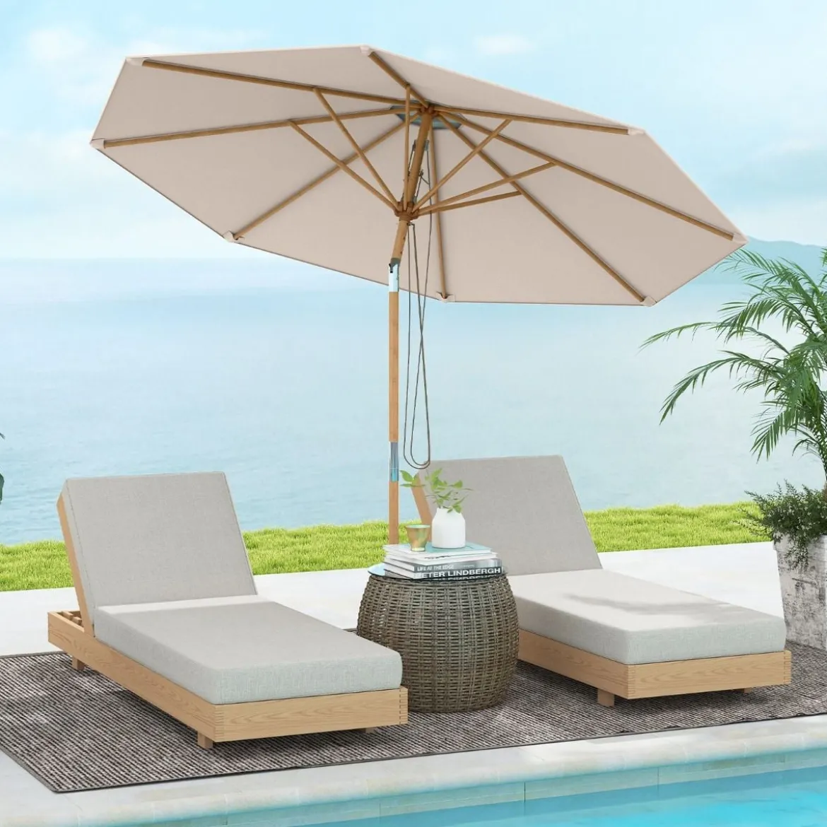 270 cm Sonnenschirm Beidseitig um 30° Knickbar Holz Gartenschirm Beige/Khaki Tan/Blau + Weiß Gestreift