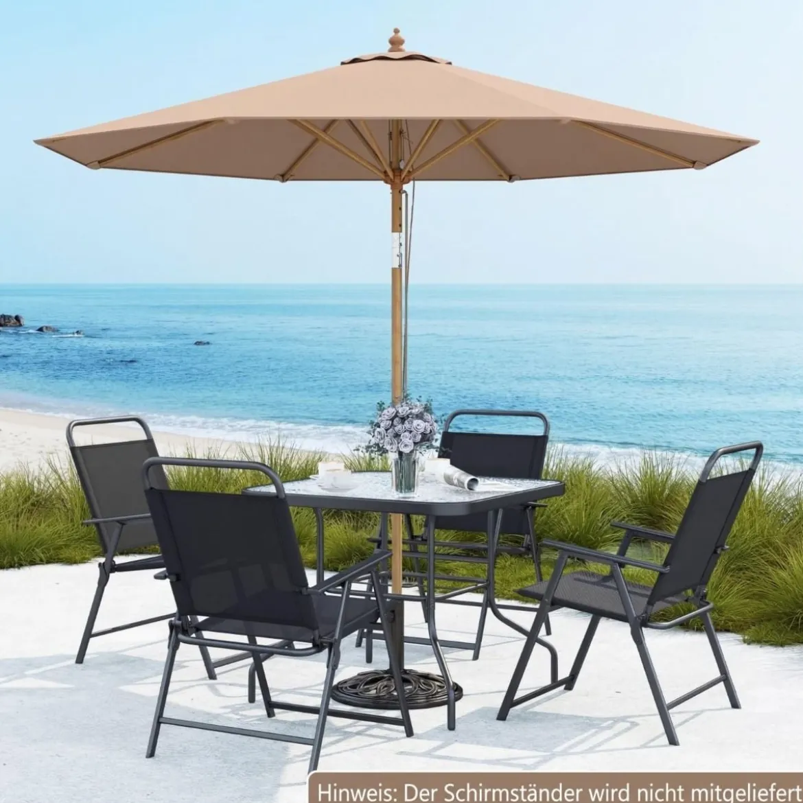 270 cm Sonnenschirm Beidseitig um 30° Knickbar Holz Gartenschirm Beige/Khaki Tan/Blau + Weiß Gestreift
