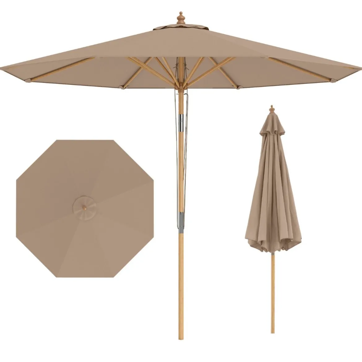 270 cm Sonnenschirm Beidseitig um 30° Knickbar Holz Gartenschirm Beige/Khaki Tan/Blau + Weiß Gestreift