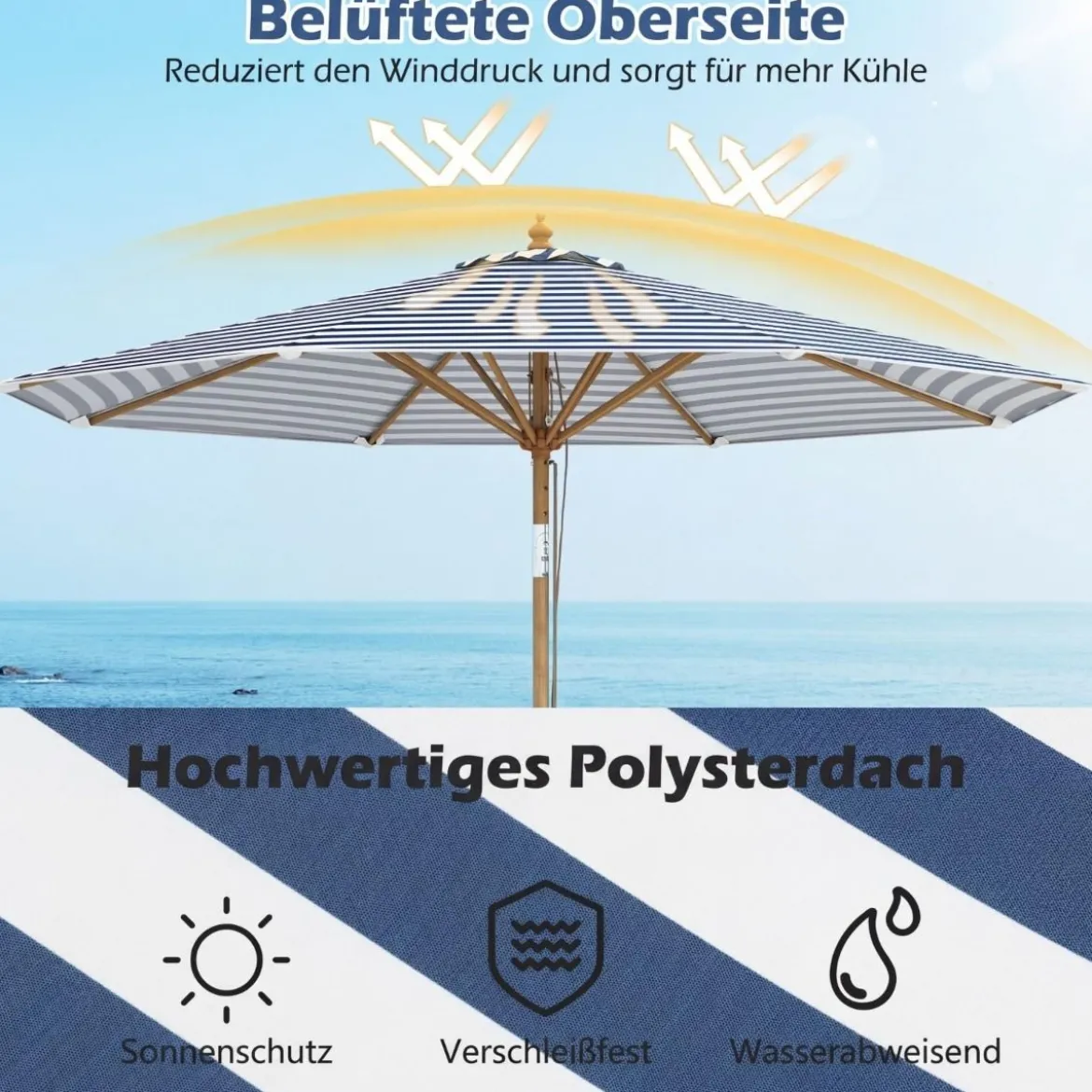 270 cm Sonnenschirm Beidseitig um 30° Knickbar Holz Gartenschirm Beige/Khaki Tan/Blau + Weiß Gestreift