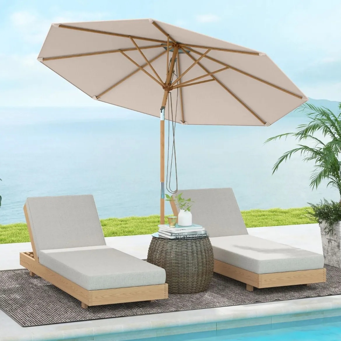 270 cm Sonnenschirm Beidseitig um 30° Knickbar Holz Gartenschirm Beige/Khaki Tan/Blau + Weiß Gestreift