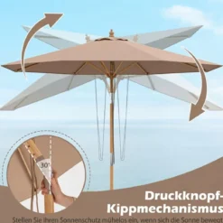 270 cm Sonnenschirm Beidseitig um 30° Knickbar Holz Gartenschirm Beige/Khaki Tan/Blau + Weiß Gestreift