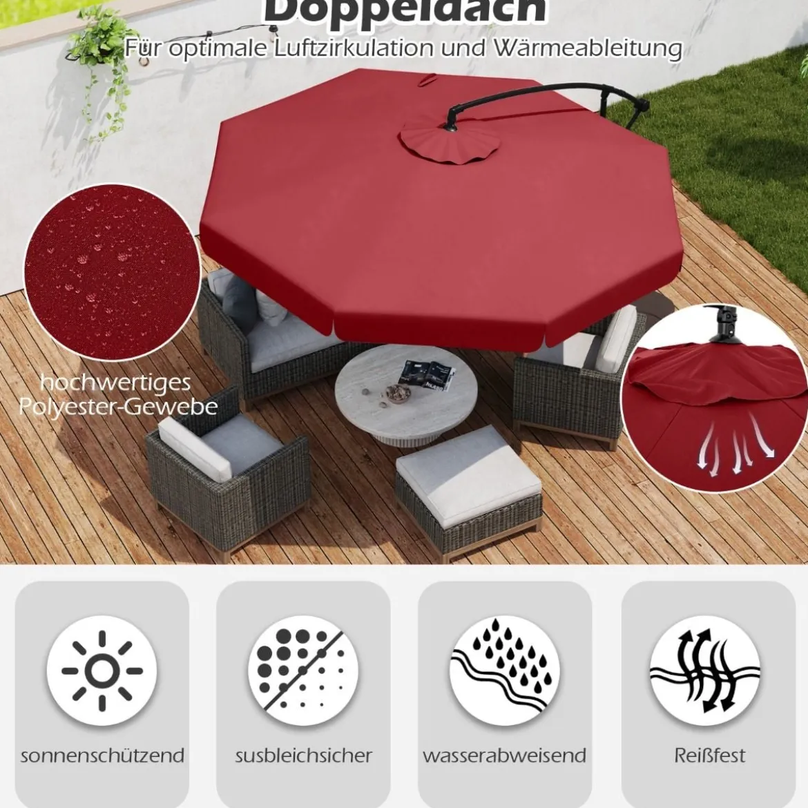 Ø300 cm Sonnenschirm inkl. Schutzhülle & Kurbel & Volant Ampelschirm Gartenschirm Marktschirm