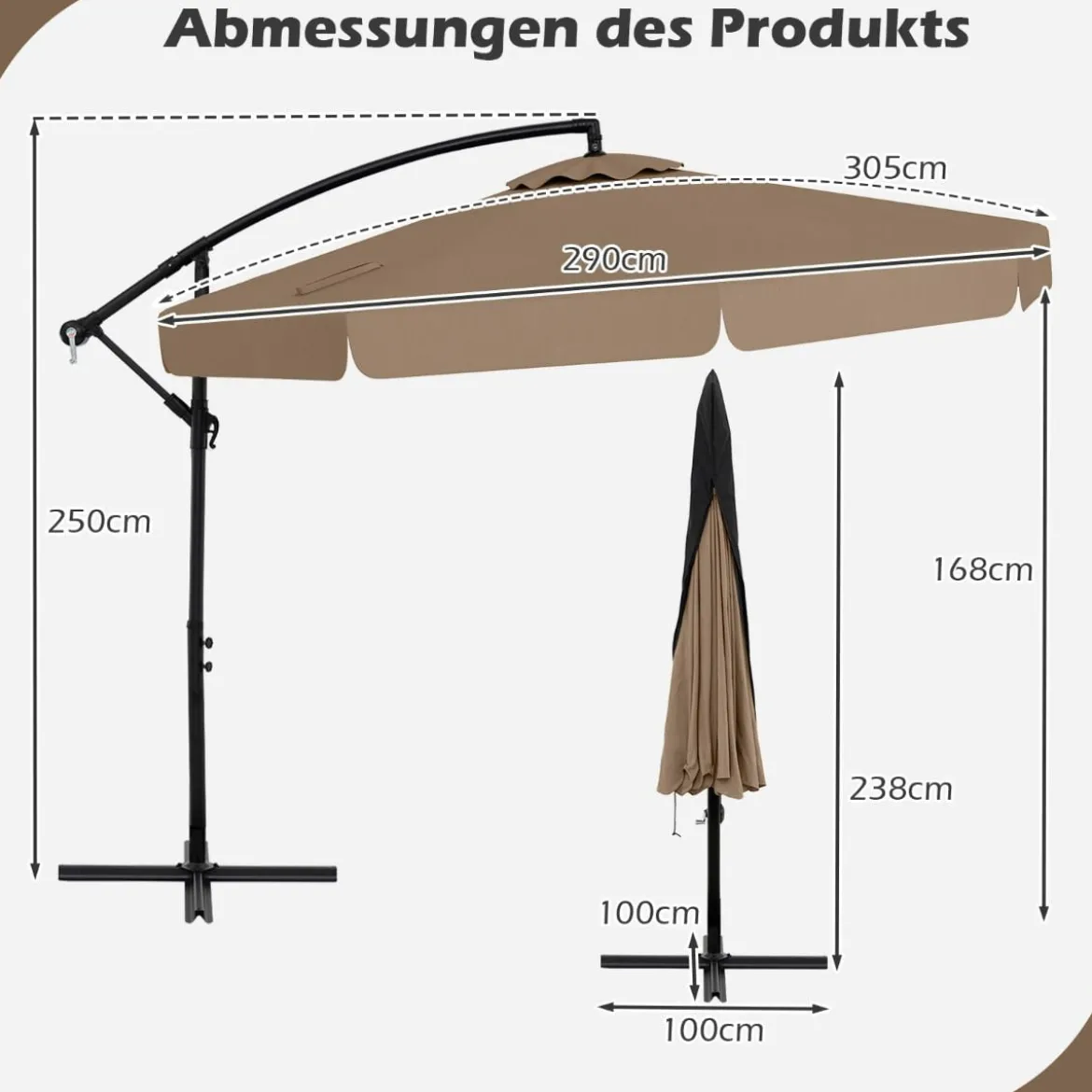 Ø300 cm Sonnenschirm inkl. Schutzhülle & Kurbel & Volant Ampelschirm Gartenschirm Marktschirm