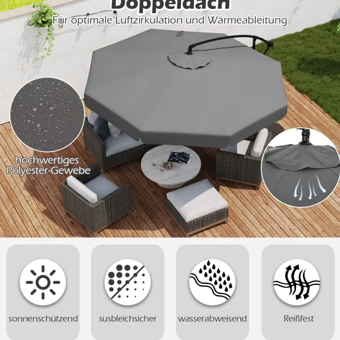 Ø300 cm Sonnenschirm inkl. Schutzhülle & Kurbel & Volant Ampelschirm Gartenschirm Marktschirm