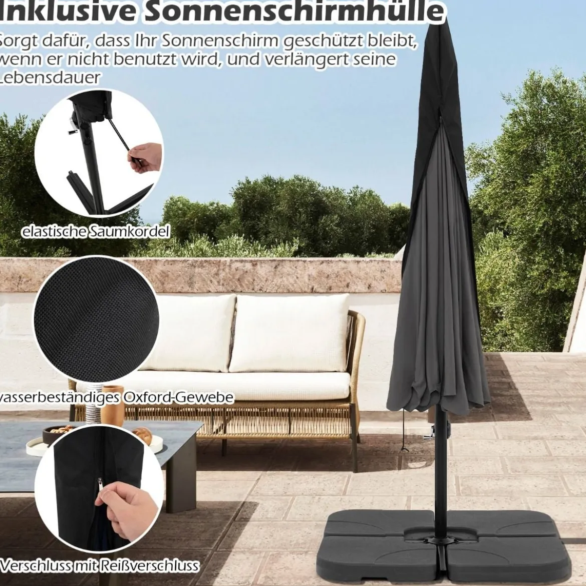 Ø300 cm Sonnenschirm inkl. Schutzhülle & Kurbel & Volant Ampelschirm Gartenschirm Marktschirm