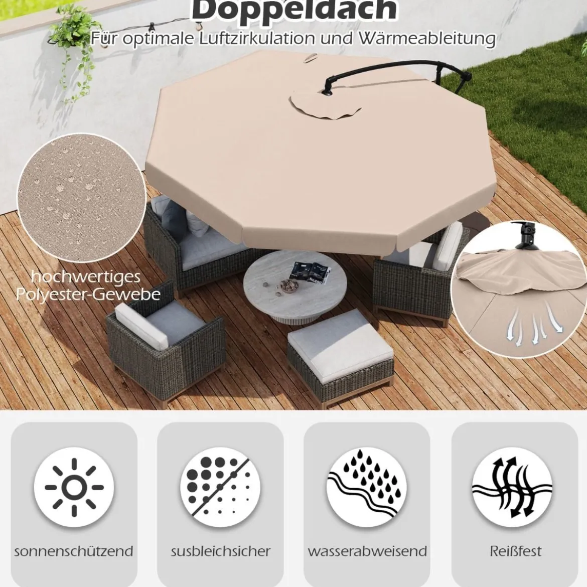 Ø300 cm Sonnenschirm inkl. Schutzhülle & Kurbel & Volant Ampelschirm Gartenschirm Marktschirm