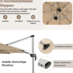 Ø 330 cm Sonnenschirm mit Kurbel & UPF 50+ um 360° Drehbarer Ampelschirm Gartenschirm